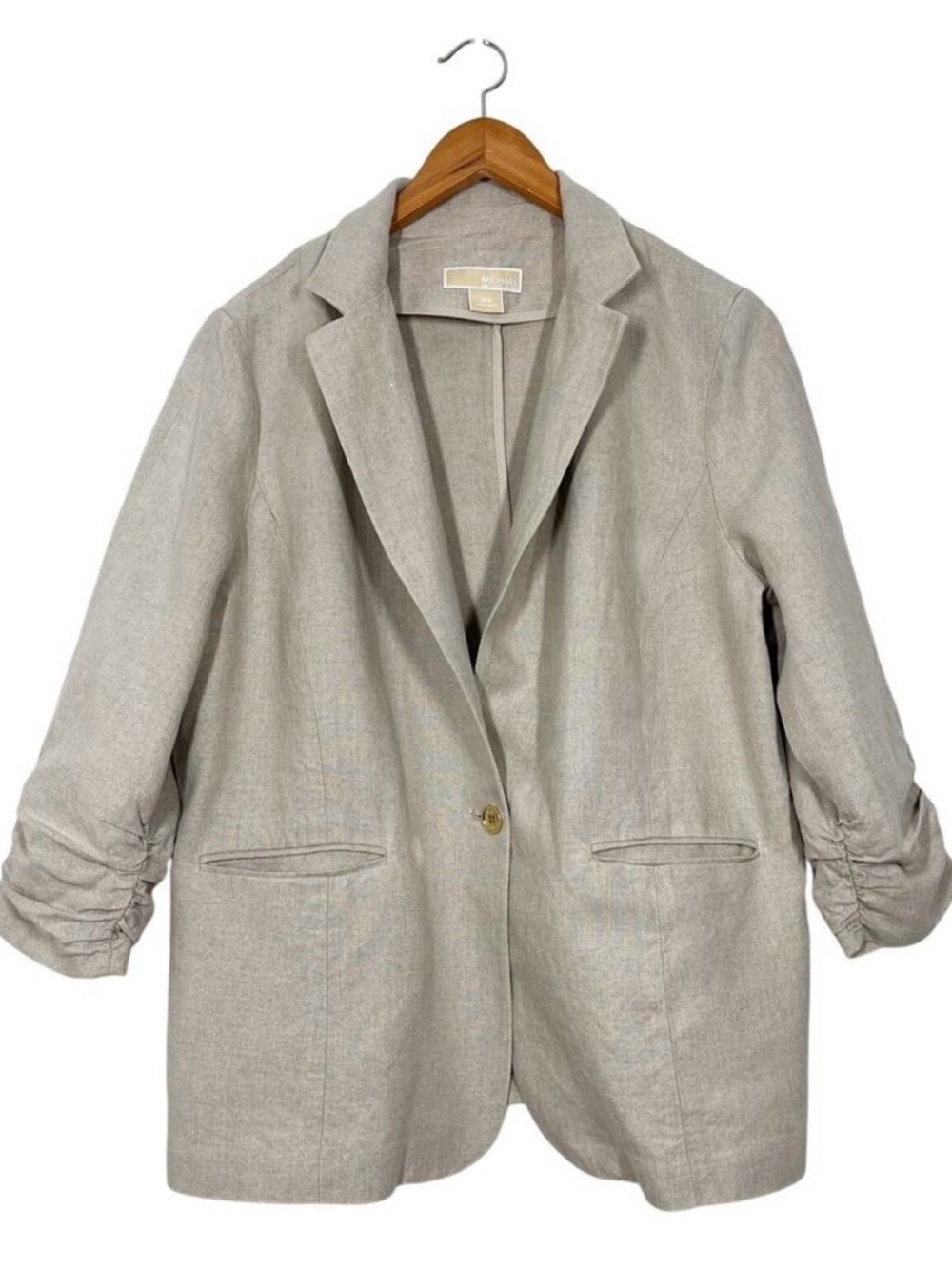 MICHAEL Michael Kors 16W 100% Linen Blazer Tan Beige Ruched Sleeve